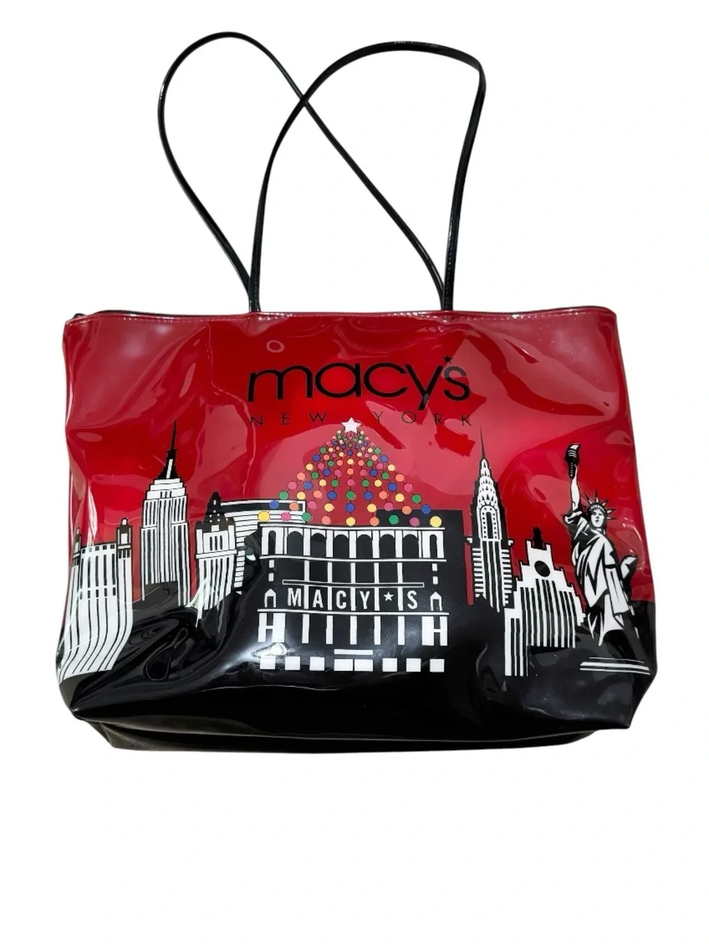 Macy's Red & Black Patent Cityscape Tote w/ Macy's Christmas Tree